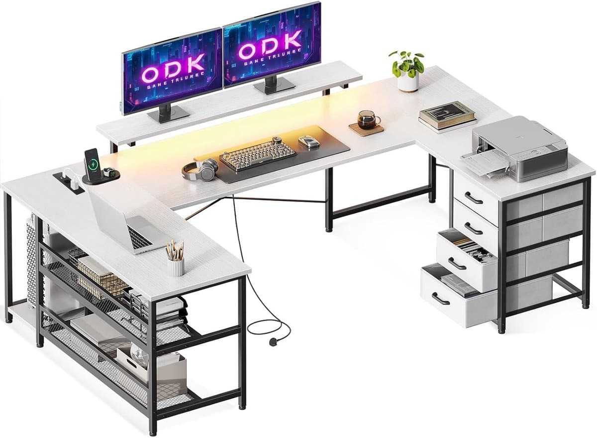 Hoekbureau U-vorm met LED en Monitorstandaard – 4 Laden – 2 Stopcontacten – Omkeerbaar – 167x102 cm – Wit — afbeelding 1