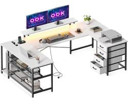 Hoekbureau U-vorm met LED en Monitorstandaard – 4 Laden – 2 Stopcontacten – Omkeerbaar – 167x102 cm – Wit