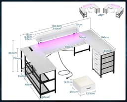 Hoekbureau U-vorm met LED en Monitorstandaard – 4 Laden – 2 Stopcontacten – Omkeerbaar – 167x102 cm – Wit — thumbnail 2