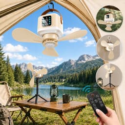 MUPOO Ophangbare ventilator lamp & Tafelstatief - 7200mAh Draadloos - Afstandsbediening - 4 Standen, Timer & Anti-Mug - Stille Motor & Type-C Opladen -plafonniere met ventilator Voor Tuin & Caravan — thumbnail 1