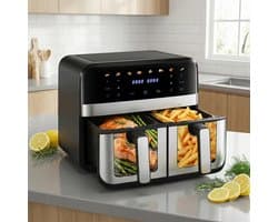 9.4L Airfryer met 2 Kamers & Kijkvenster – Dubbele Heteluchtfriteuse 8-in-1 – Touchscreen & Antiaanbak Mandjes