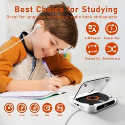 CD Speler - Draagbare Bluetooth-cd-speler met USB-C-snelladen - Ultradun en compact - Ondersteunt CD/CD-R/CD-RW/MP3/WMA-formaten - Geschikt voor zowel reizen als thuisgebruik - 3.5 MM AuxIngebouwde speaker - Met oortjes en datakabel - 2000mah — thumbnail 2