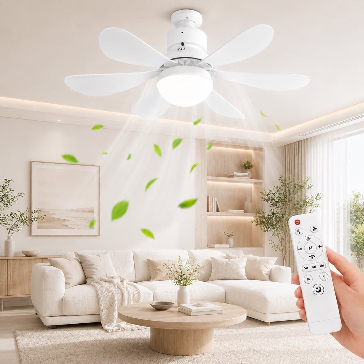MUPOO E27 Plafondventilator met Lamp Ø52 cm - Ventilatorlamp met Afstandsbediening - 3 Kleurtemperaturen - 3 Snelheden - Timer en Geheugenfunctie - Stil DC Motor -Voor Slaapkamer Kinderkamer- Wit — afbeelding 1