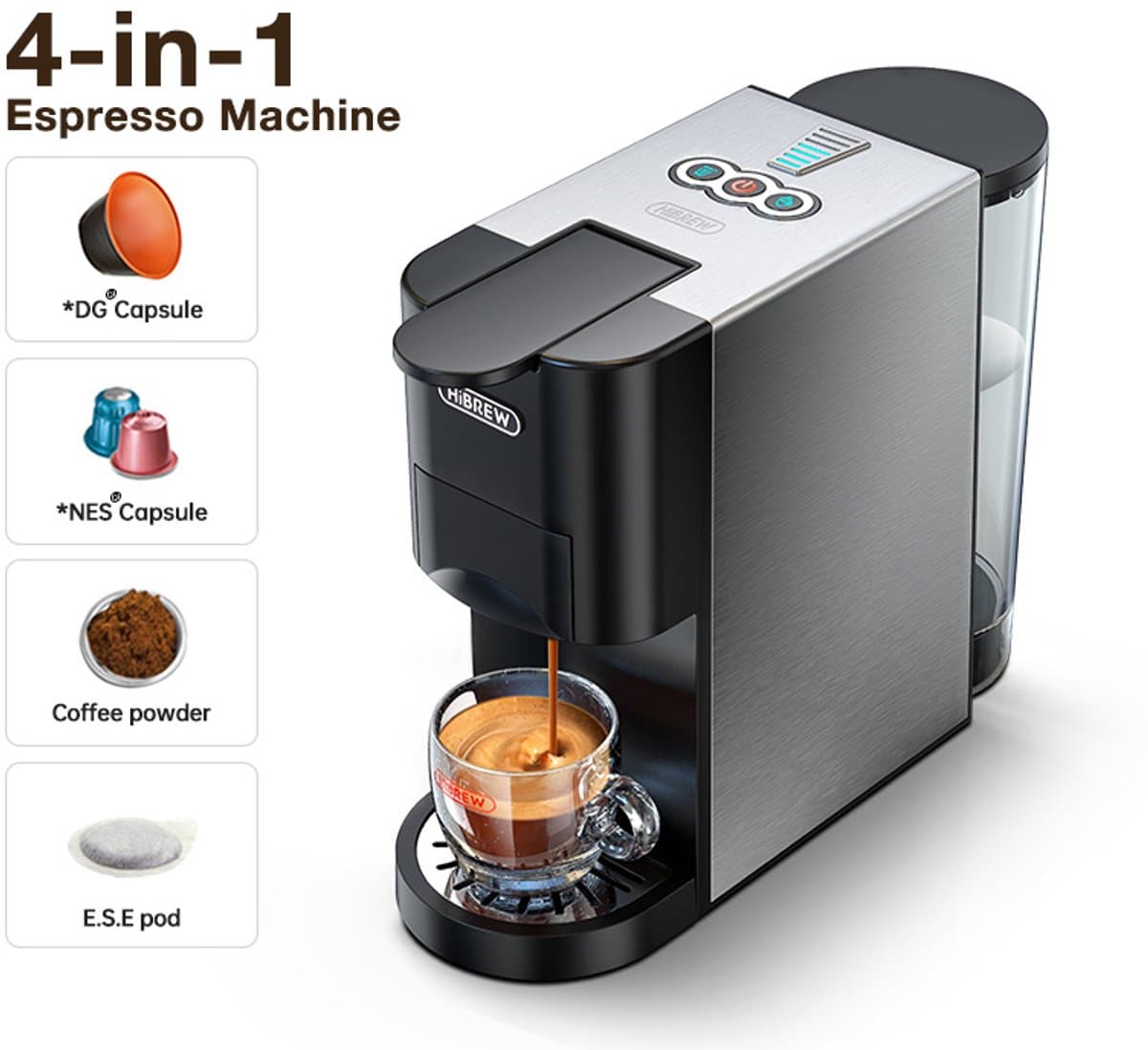 HiBREW H3D 4-in-1 Capsule Koffiemachine – 20 Bar – Geschikt voor Nespresso, Dolce Gusto, E.S.E. Pods & Gemalen Koffie – Koud & Warm – 7 Waterniveaus – 800ml — afbeelding 1