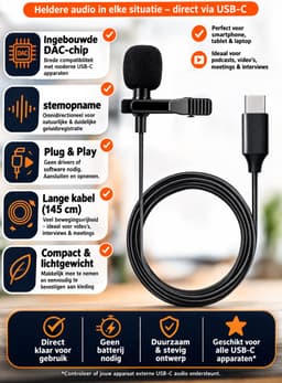 DrPhone PX2 PRO Lavalier USB-C Microfoon – Externe Clip Microfoon met DAC Chip – Condensator Lavalier voor Smartphone / Tablet / Laptop – Zwart — thumbnail 3