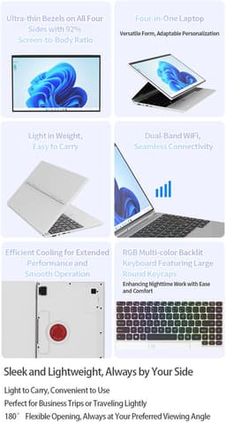 14" Touchscreen Laptop, Intel N5105, 16GB RAM, 1TB SSD, RGB Regenboog Backlit Toetsenbord met Ronde Toetsen, Vingerafdruksensor, 180° Klapbaar, Ingebouwde Stand, IPS 1920x1200, 92% Schermrandloos – Windows 11 — thumbnail 2
