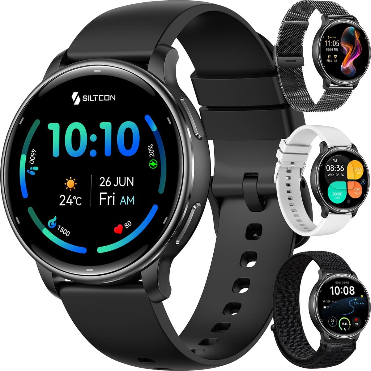 Siltcon® FitTrack Pro GPS - Smartwatch Heren - Smartwatch Dames - Sporthorloge Dames - Horloge Heren - Stappenteller - Hartslagmeter - Saturatiemeter - Belfunctie - 200+ Sportmodi - Kompas - AMOLED - Geschikt voor iOS/Android - Strava - 4 Bandjes — afbeelding 1