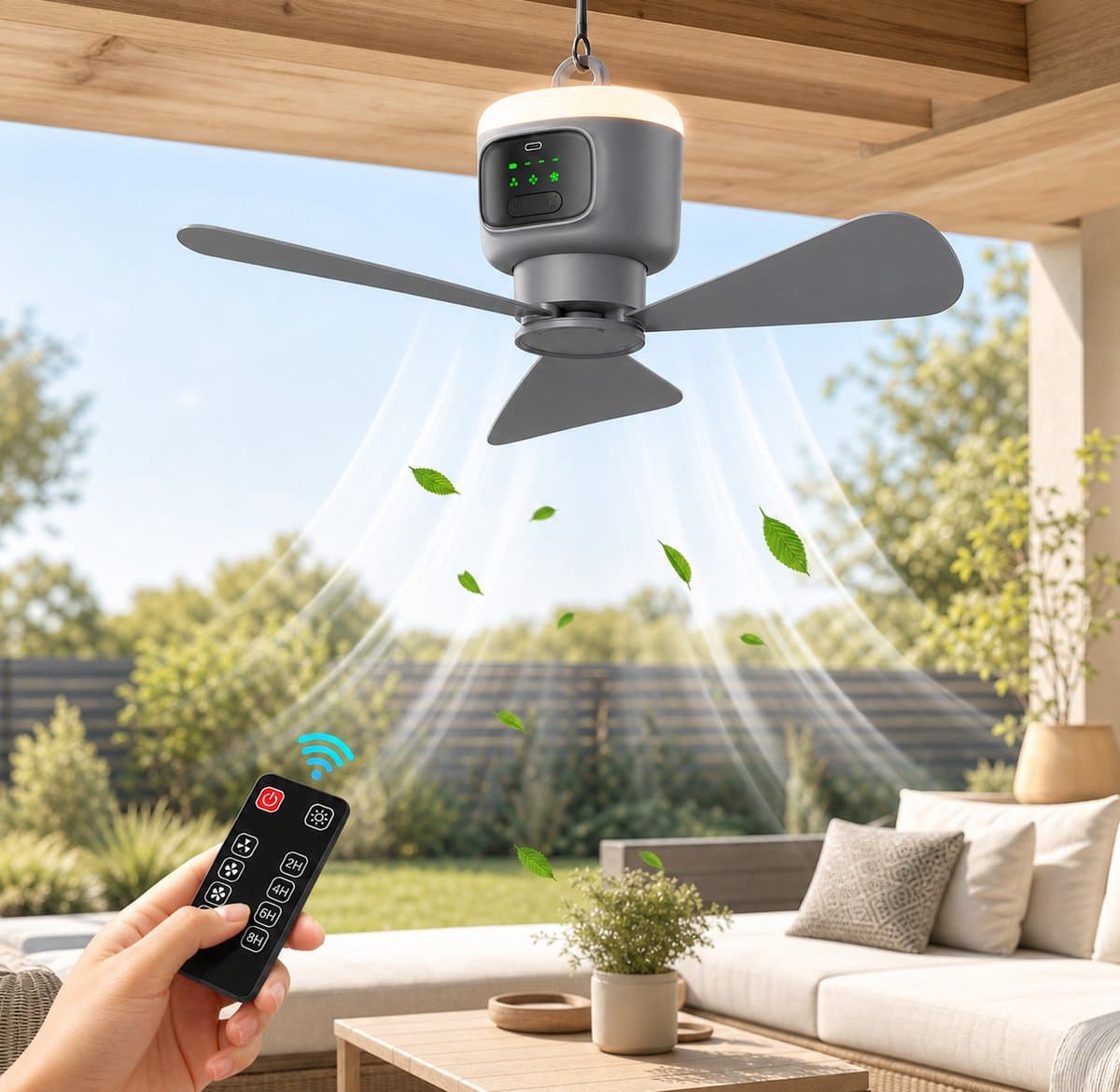 MUPOO Draagbare Oplaadbare ventilator lamp camper met Afstandsbediening - Ø 45cm-12000mAh - 4 Standen-Timer - Stille Motor & Type-C Opladen - lamp ventilator plafond voor Slaapkamer, Tuin, Kamperen, RVs & Buiten — afbeelding 1