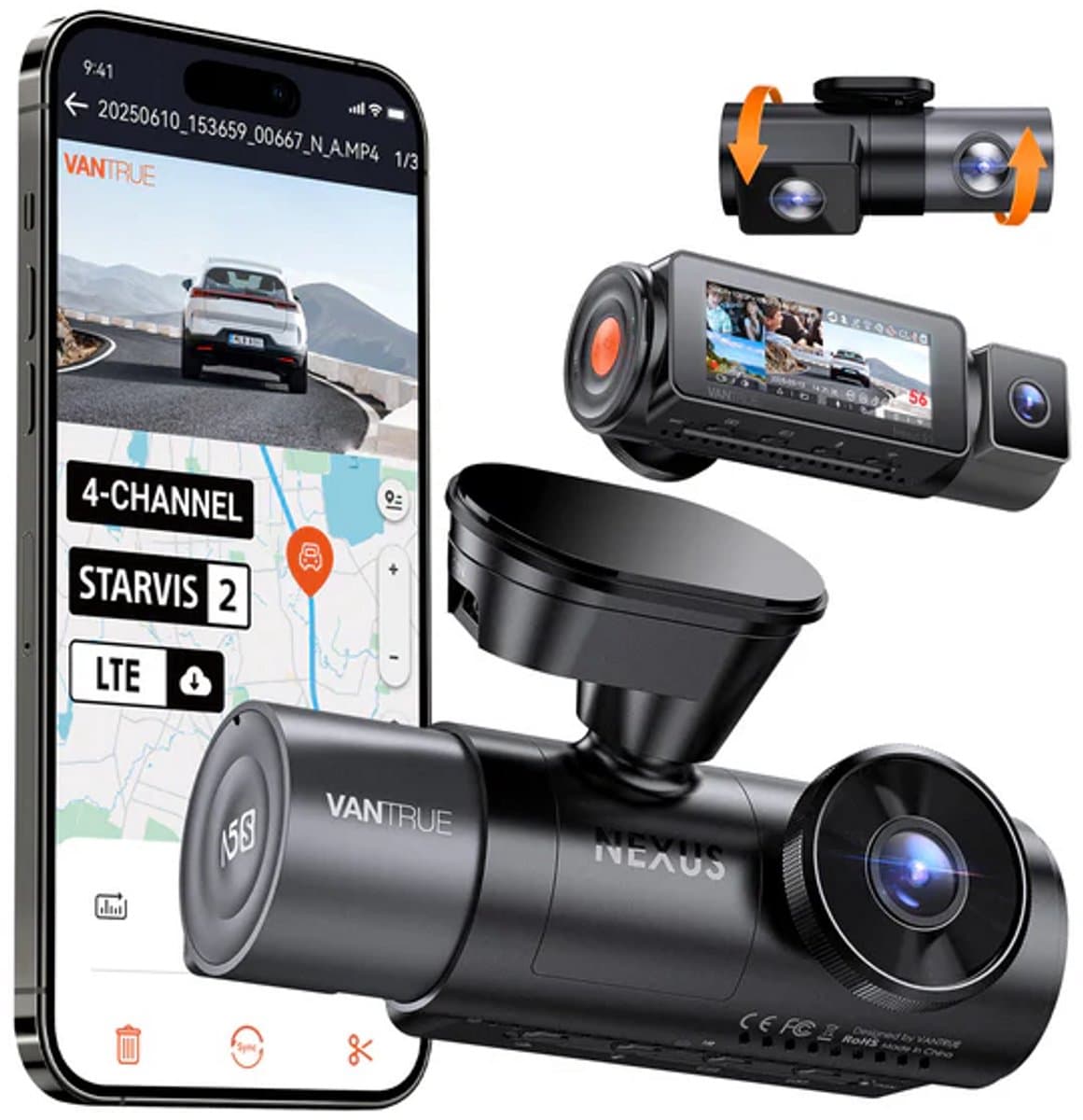Vantrue N5S 2026 4-Kanaals 360 Graden WiFi Dashcam, STARVIS 2, IR Nachtzicht, 2.7K+1080P*2+1440P Voorste/Achterste Binnencamera, Spraakbediening, GPS, 24 Uur Parkeerstand — afbeelding 1