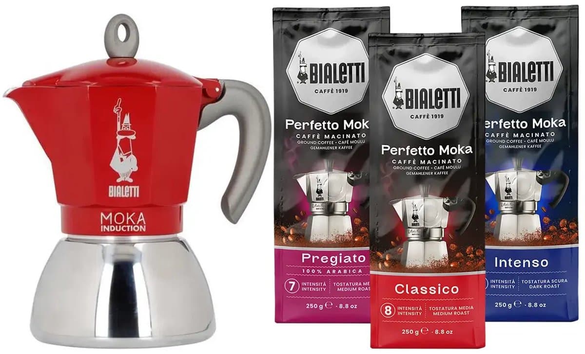 Bialetti Moka Inductie Rood - 6-kops - 150ml + Bialetti Koffie Proefpakket 3 x 250gr — afbeelding 1