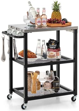 Buitenkeuken op Wielen – BBQ Trolley – Met Opbergkast & Planken – Werktafel voor Buiten – Hout & Metaal – Multifunctioneel – Zwart + Zilver — thumbnail 1