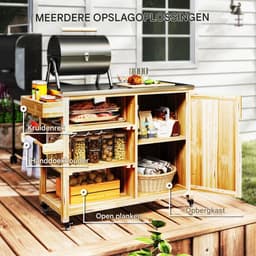 Buitenkeuken op Wielen – BBQ Trolley – Met Opbergkast & Planken – Werktafel voor Buiten – Hout & Metaal – Multifunctioneel – Natuurlijk hout — thumbnail 3