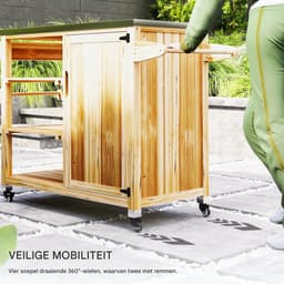 Buitenkeuken op Wielen – BBQ Trolley – Met Opbergkast & Planken – Werktafel voor Buiten – Hout & Metaal – Multifunctioneel – Natuurlijk hout — thumbnail 5