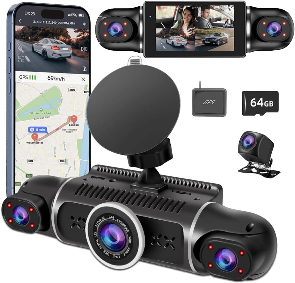 Dashcam - Dashcam voor auto - Dashcam voor auto voor en achter - 360° - 8 IR-lampen Nachtzicht - WiFi, GPS, G-sensor - 24/7 Parkeermodus — afbeelding 1