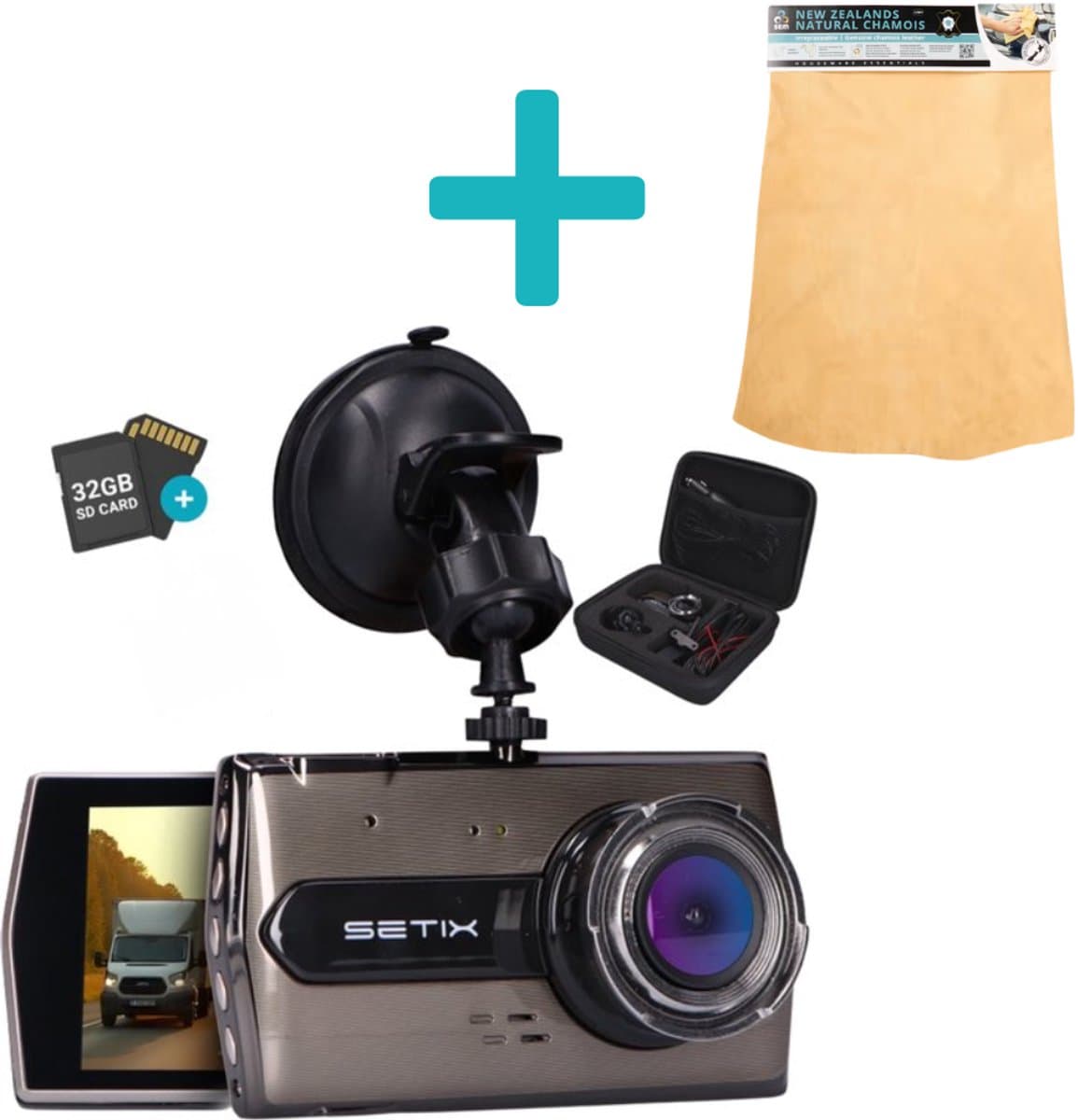 Setix Dashcam Go met Natuurzeem - Voor en Achter Camera – Inclusief 32GB SD kaart - Full HD 1080P Resolutie – Met Opbergcase tegen Diefstal - Nachtzicht – Plug & Play - Parkeermodus - 170 Graden Kijkhoek – Loop Recording – 2025 Auto Camera — afbeelding 1