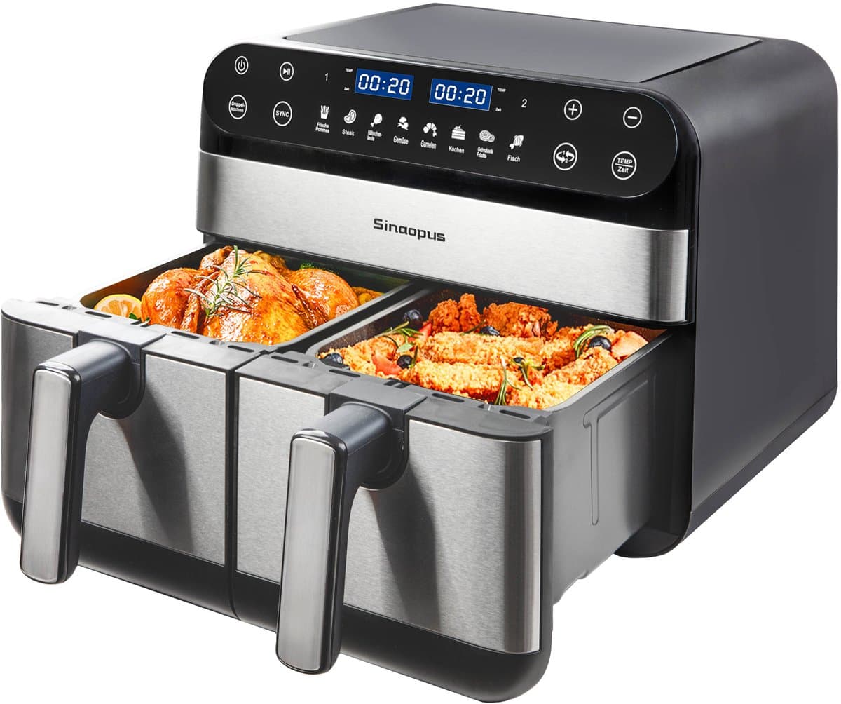 Digitale Airfryer XXL 9L Sinaopus 920 – Heteluchtfriteuse met Dubbele Mand en DualMand Onafhankelijke Snelle Opwarming – Voor Gezinnen – 8 Programma’s – LED Touchscreen – Kijkvenster – Makkelijk te Reinigen – Capaciteit voor 7 Personen — afbeelding 1