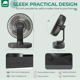 Tafelventilator USB Oplaadbaar – Stil & Oscillerend – 4 Snelheden – 4000 mAh — thumbnail 5