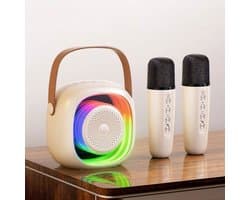 Draagbare speaker - Karaokefunctie - Kleurrijke ledverlichting, Geschikt voorzien van 2 microfoons - Beige