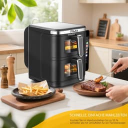 Dubbele Heteluchtfriteuse - Dubbele Lade Airfryer - Gezond Koken - Ruimtebesparend Design - 11 Liter Inhoud - Zwart — thumbnail 2
