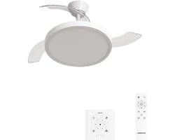 CREATE - Plafondventilator 40W stil met intrekbare bladen met licht - Ø108cm - Wit - Controller voor wandmontage + afstandsbediening - WIND CLEAR STUDIO