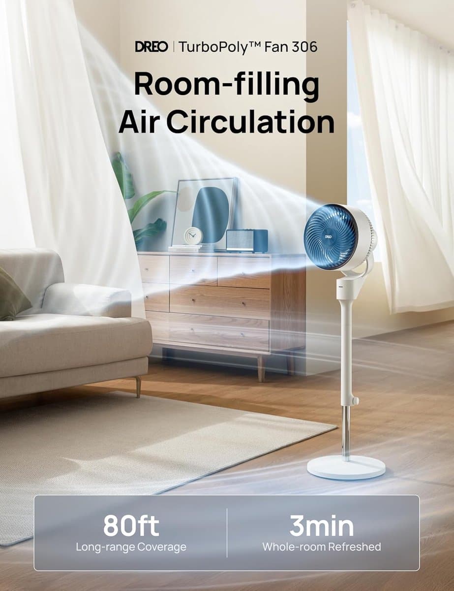 Dreo Silent Standing Fan, 1444 m³/h Air Volume Oscillating Fan, 3 Levels, 6 Hours Timer, Tower Fan with Remote Control, Air Circulation in 3 Minutes for Bedroom, Fragrance Function — afbeelding 1