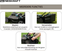 Neokraft - 40V Accu grasmaaier - 38cm maaibreedte - 6 instelbare maaihoogtes - Incl 40L opvangzak - Incl. 40V 4,0Ah accu & lader — thumbnail 2