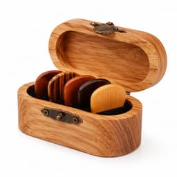 Daity 1 set - Gitaarplectrums van natuurlijk hout (5-delige set in doos) Massief houten plectrums voor folk- en akoestische gitaren; Cadeauset met accessoires voor elektrische gitaar, inclusief display en opbergdoosje; Voorzien van antislipgroeven. — thumbnail 1