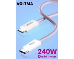 Voltma PMB240CC 240W USB-C naar USB-C Oplaadkabel met snelladen - 480Mbps Datakabel - 1 meter Premium Nylon Gevlochten C naar C fast charge kabel - USB C Snellader - Geschikt voor Smartphone, Tablet, iPhone, MacBook Pro, Dell en HP Laptop (Paars)