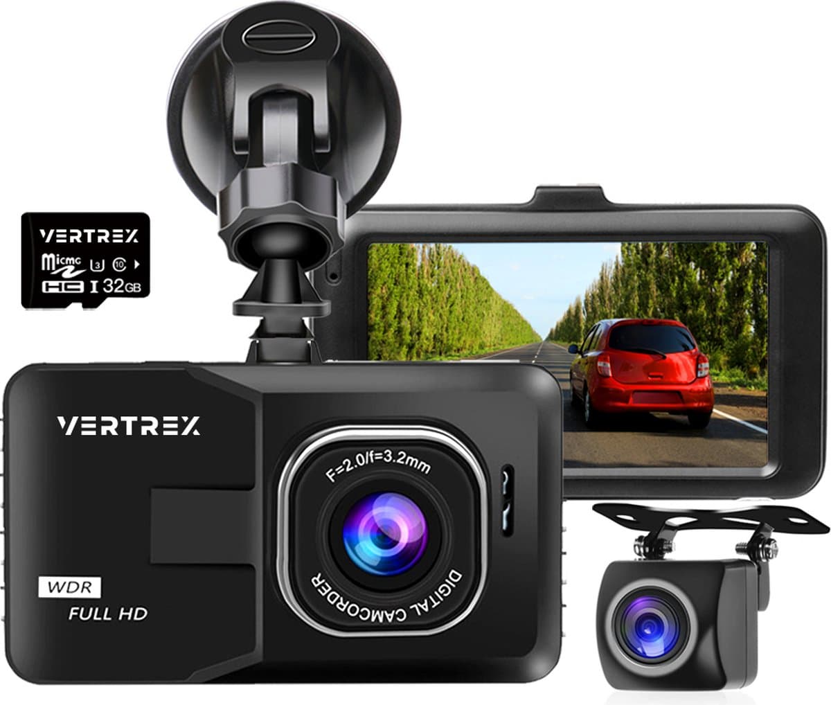 VERTREX Dashcam voor Auto 1080P Full HD - Voor en Achter - Dash cams - Nachtvisie - G-Sensor - 170° Wijdhoeklens - 3,0" LCD - Bewegingsdetectie - Loop Recording - Incl. 32GB MicroSD Kaart — afbeelding 1