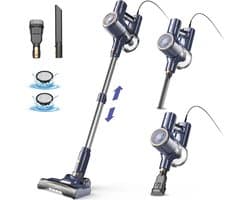 Yisora - Steelstofzuiger met snoer - Steelstofzuigers - 6 in 1 Stofzuiger zonder zak - Handstofzuiger met steel - 3 verschillende opzetstukken - 600W - Grijs - 23Kpa- ultra licht