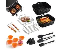 Dutchers® 18 delige Airfryer Accesoires Set - Dubbele Heteluchtfriteuse - Geschikt voor Dual Airfryers van Princess, Inventum, Ninja Foodi AF300 AF400 AF451 - Inclusief Airfryer Siliconen Bakje