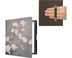 kwmobile e-reader hoesje geschikt voor Amazon Kindle Scribe (2022/2024) hoes - E reader flip case met magneetsluiting - Ereader cover - Magnolia design in taupe / wit / blauwgrijs