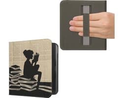 kwmobile e-reader hoesje geschikt voor Kobo Libra Colour hoes - E reader flip case met magneetsluiting - Ereader cover - Meisje met boeken design in zwart / beige
