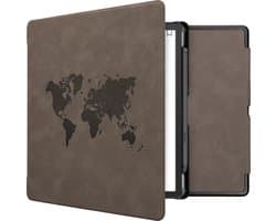 kwmobile e-reader hoesje geschikt voor Amazon Kindle Scribe (2022/2024) hoes - Ereader flip case met standaard - Kunstleren e reader cover - Wereldkaart design in grijs