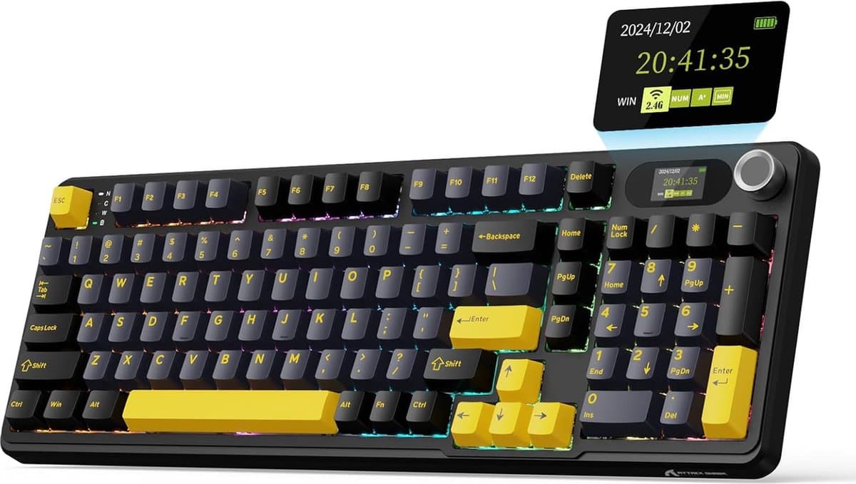ATTACK SHARK X98 - Draadloze Mechanisch Gaming Toetsenbord - TFT Scherm - Multifunctionele Draaiknop - PBT Keycaps - Wired/2.4G/Bluetooth Tri-Mode - Gasket Mod - 98keys - Star Black — afbeelding 1