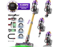 Fukstern Steelstofzuiger Draadloos – 75KPa Krachtige Zuigkracht – Tot 60 Min Accuduur – 3 Zuigstanden - Anti-Klit Vloerborstel – 7-voudig HEPA-Filtersysteem – 2L Stofreservoir – Groen Licht & Hygiënische Reiniging – goudkleurig