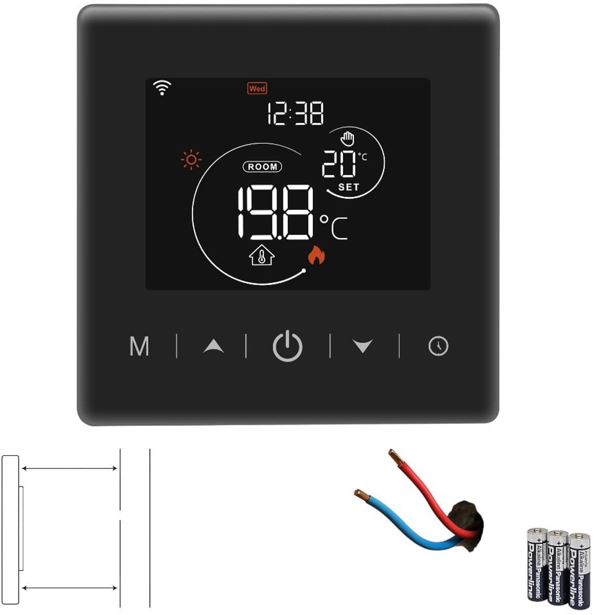 Wifi opbouw thermostaat | 2-draads aansluiting | Touchscreen bediening | Opbouw montage | Temperatuurregeling 0-40°C | Tuya app | Spraakbesturing | Zwart — afbeelding 1