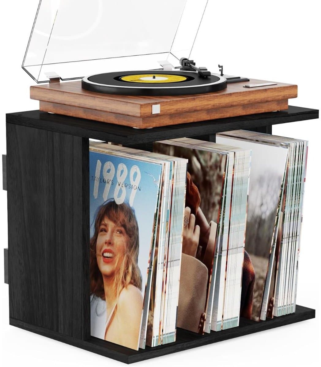 SNJY® Platenspeler Meubel - Platenspeler Kast - LP Houder - Platenhouder - 32L x 42B - 36H cm - Vintage Zwart — afbeelding 1