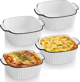 4 Stuks Witte Geribbelde Keramische Ovenschaal Met Oren - Geschikt voor Oven, Airfryer & Magnetron, Vierkante Bakvorm voor Lasagne & Ovengerechten — thumbnail 1