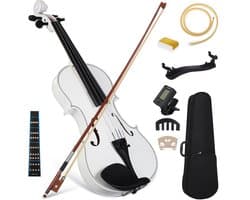 4/4 Viool Starter Kit voor Volwassenen – Baswood Akoestische Viool met Koffer, Stok, Harpuis, Stemapparaat, Schoudersteun & Demper – Compleet Beginnerspakket – Wit