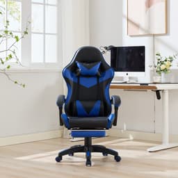 Ergonomische Bureaustoel/Gamingstoel – Verstelbare Rugleuning – 360° Draaibaar - Met Armleuningen En Voetsteun - Hoofdsteun & Lendensteun - Zwart, blauw — thumbnail 5