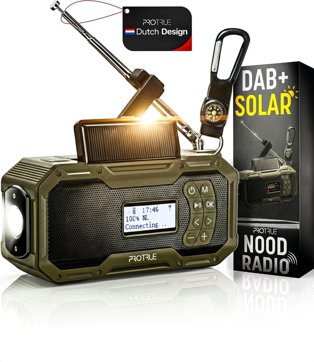 Noodradio Solar Opwindbaar - DAB+ / FM Nood Radio - 5000 mAh Powerbank Zonneenergie - Bouwradio - Badkamer Radio - Noodpakket — afbeelding 1