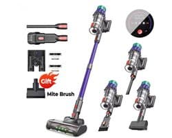 Hennova Draadloze stofzuiger - Steelstofzuiger - Vacuum cleaner - 4 Opzetstukken - 650W - 55kPa zuigkracht - 3 Snelheden - 1.2L capaciteit - LED-display - Paars/zwart - 110cm hoog