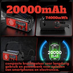 RAWVOLT® - NIEUW - Noodradio SW20K - 20000mAh Li-ion Accu - Solar Opwindbaar - Powerbank, Zaklamp, SOS Alarm & Leeslamp - 2026 model voor indoor, outdoor en in noodpakket - incl. Multi-Function Survival Armband - Tuscan Red — thumbnail 2