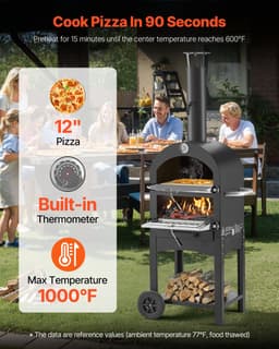 VEVOR Pizzaoven 12 Inch Pelletoven, 2-Laags Houtgestookte Pizzaoven, Houtgestookte Buitenoven met 2 Afneembare Wielen, Pizzamaker met Een Maximale Temperatuur van 540 °C voor Grillen — thumbnail 4