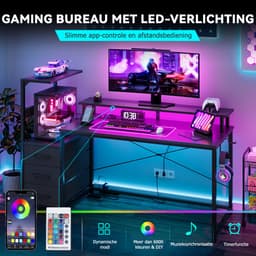 Gaming Bureau met LED Verlichting - 150L x 115H x50B cm - Hoekbureau met Stopcontact - 3 Non Woven Lade - Gaming Desk - Computer Tafel - Gaming Tafel - met Opbergplanken & IJzeren Haak - Zwart - Bureau voor Gamen, Studeren en Werken — thumbnail 9