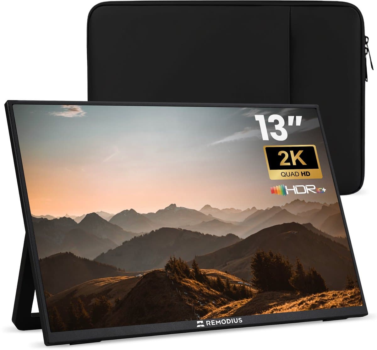 Remodius® Portable Monitor 13 Inch + Sleeve – Ultradunne 2K Draagbare Monitor – USB-C & Mini HDMI – IPS Scherm, HDR, Ingebouwde Kickstand – Travel Monitor voor Laptop, Mac, Smartphone & Console — afbeelding 1