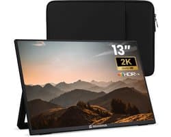 Remodius® Portable Monitor 13 Inch + Sleeve – Ultradunne 2K Draagbare Monitor – USB-C & Mini HDMI – IPS Scherm, HDR, Ingebouwde Kickstand – Travel Monitor voor Laptop, Mac, Smartphone & Console