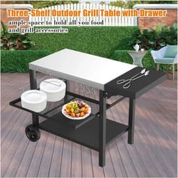 Grill Tafel - Buitenkeuken Trolley - Pizza Oven - Drie Plank Opslag - Verrijdbaar Ontwerp — thumbnail 3