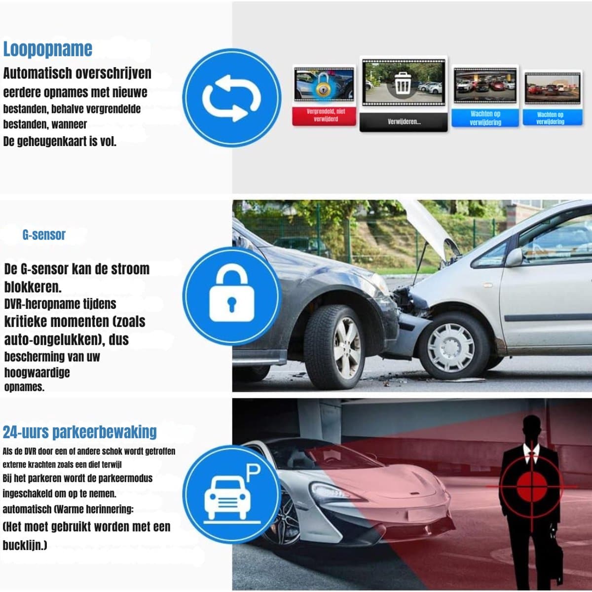 Aurixi® Dashcam Voor en Achter - Dashcam - Parkeermonitor - Nachtzicht - Zwart- ‎35x 12x 9cm; 128 g — afbeelding 1